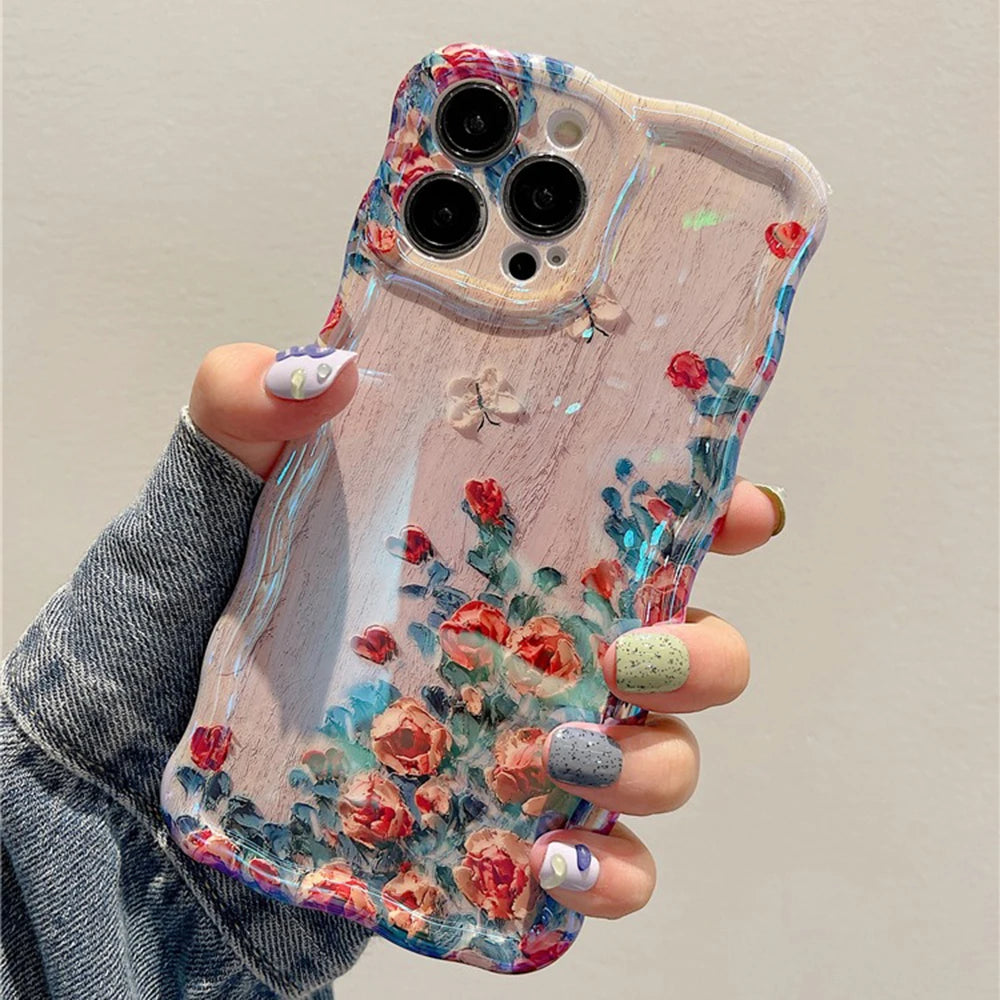 Vintage Floral Oil Painting Phone Case for iPhone 11, 12, 13, 14, 15, and 16 Pro Max – Elegant Shockproof Silicone Cover with Artistic Flower Design