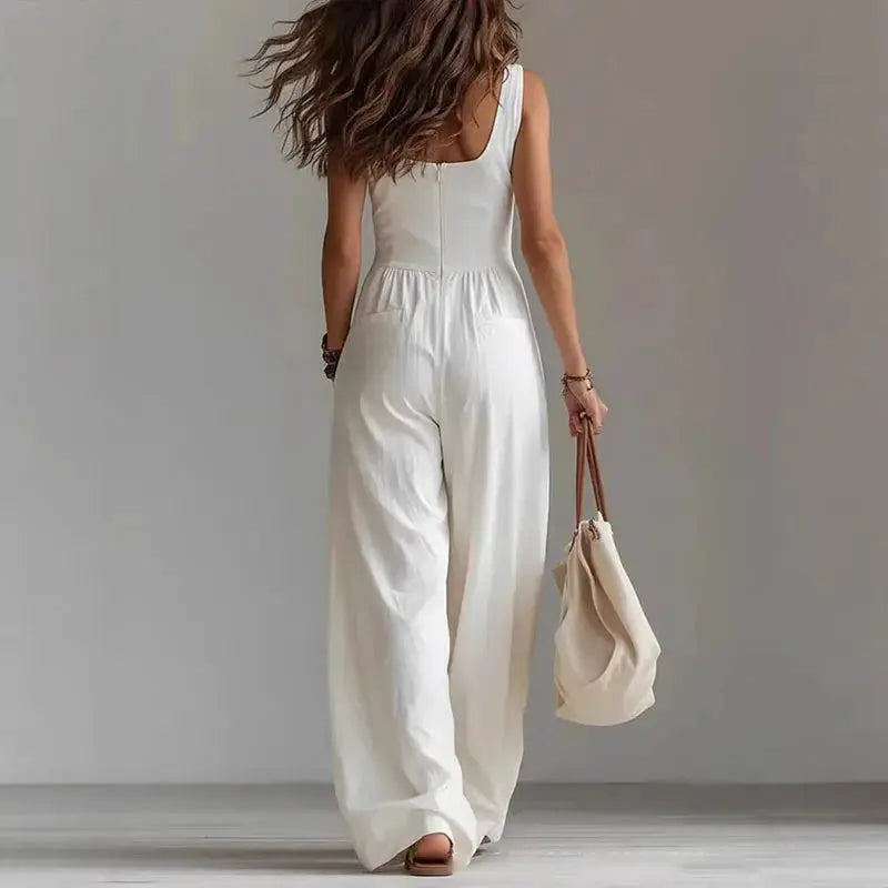 Sexy V Neck Button Wide Leg Jumpsuit Elegant Solid High Waist Woman Romper 2026 Spring Summer Sleeveless Vacation Beach Overalls by Adornity