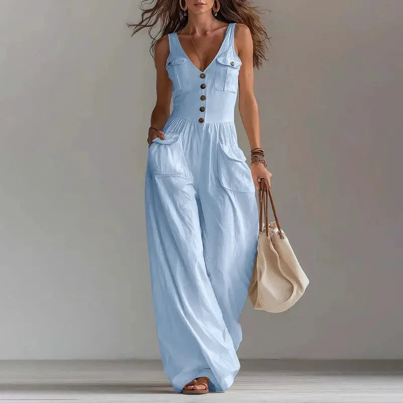 Sexy V Neck Button Wide Leg Jumpsuit Elegant Solid High Waist Woman Romper 2026 Spring Summer Sleeveless Vacation Beach Overalls by Adornity