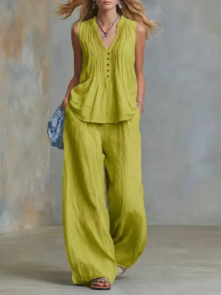 lady Button Splicing Design Top+wide Leg Pants Two-piece Set Women's Summer Fashion Sleeveless V-neck Top Pants Office Outfit by Adornity