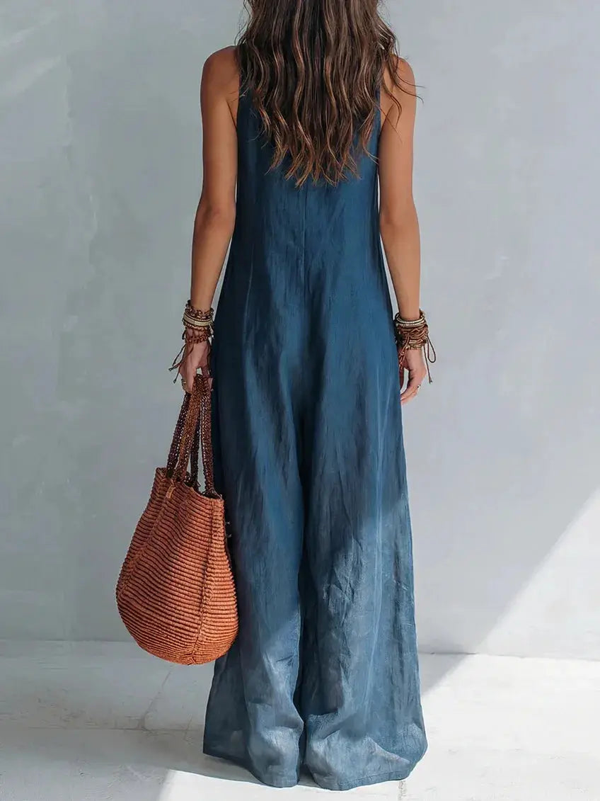 Summer Sleeveless Cotton Linen Jumpsuit Women V Neck Loose Wide Leg Pants Double Pocket Jumpsuit Casual Commuting Bodysuits by Adornity