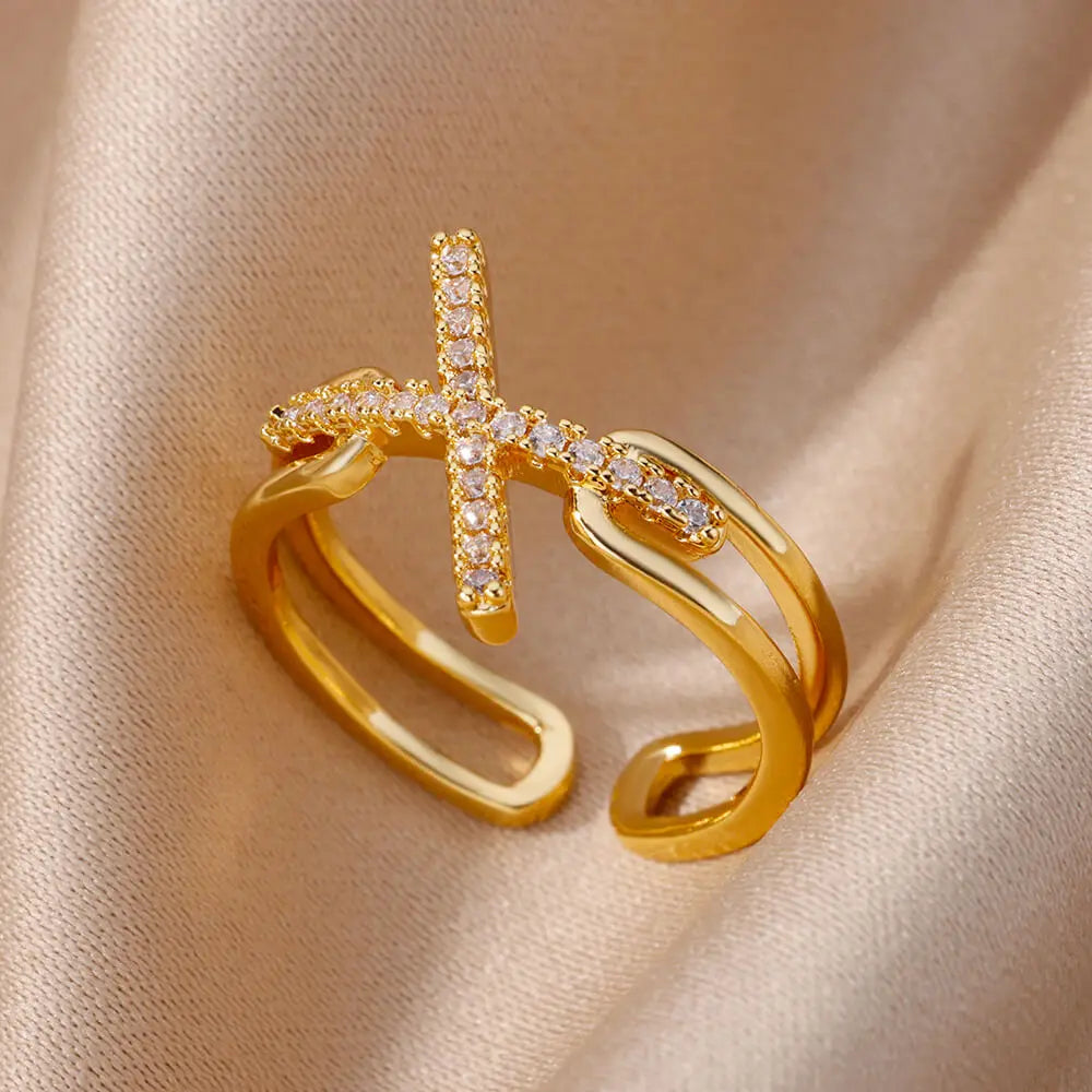 Gold Stainless Steel Hollow Out Ring with Crystal Zircon