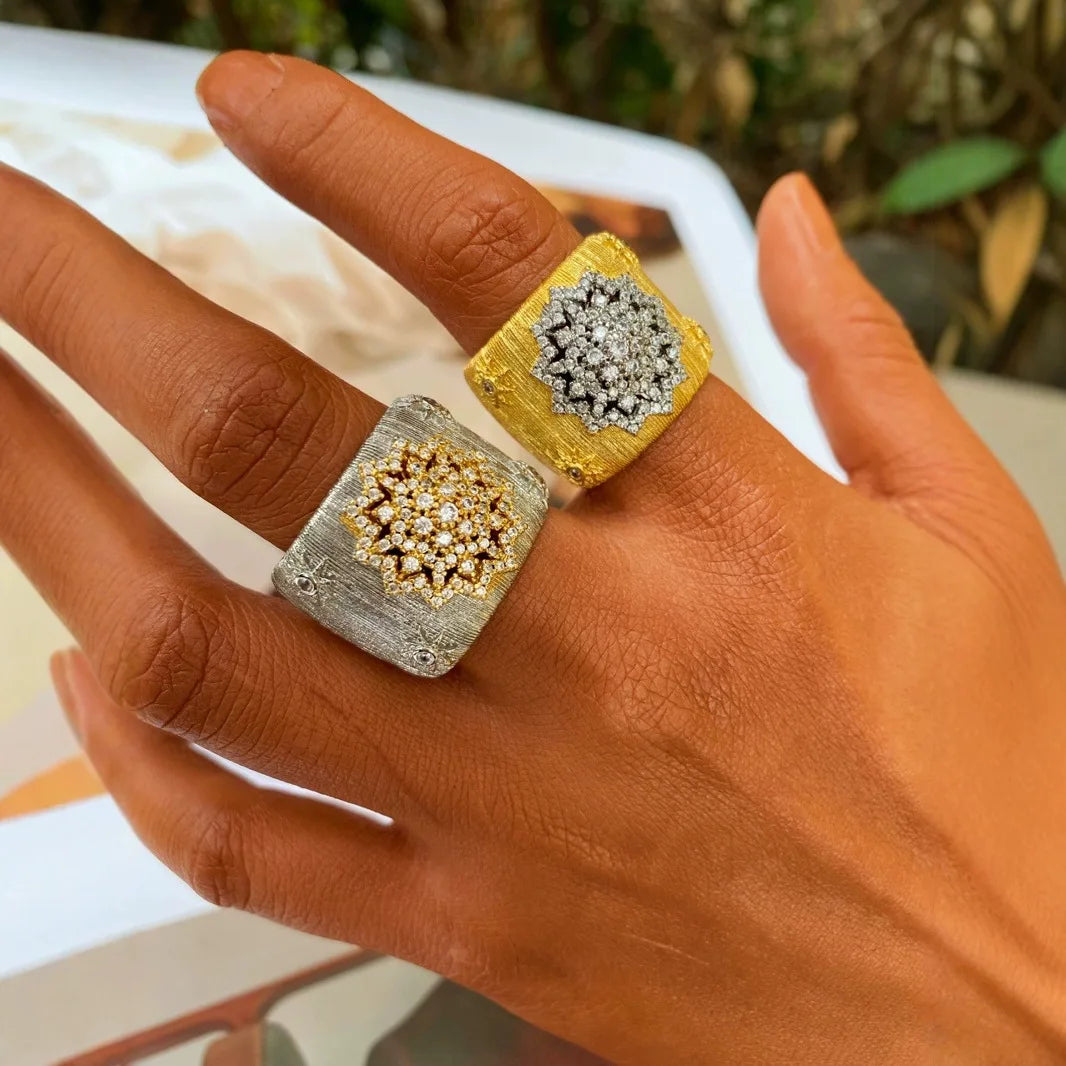 Gold Plated Bracelet – Cubic Zirconia Ring & Flower Pattern Vintage Copper Bangles Set