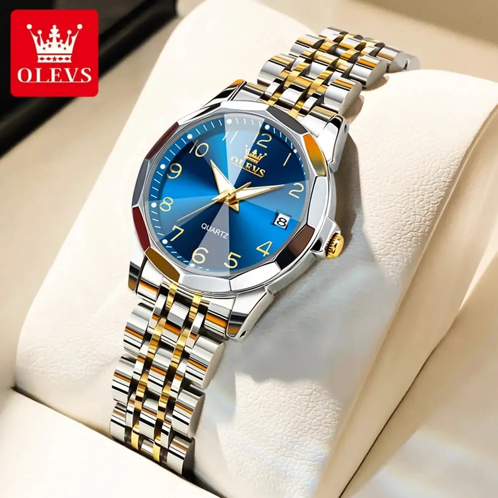 Luxury Quartz Watch - OLEVS Women's Stainless Steel Wristwatch with Digital Dial Calendar