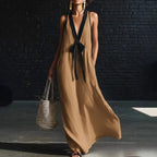 Women's Long Dress Solid Color 2026 Summer New Arrival Fashion Elegant Colorblock Deep V-neck Sleeveless Lace-Up Loose Dress by Adornity