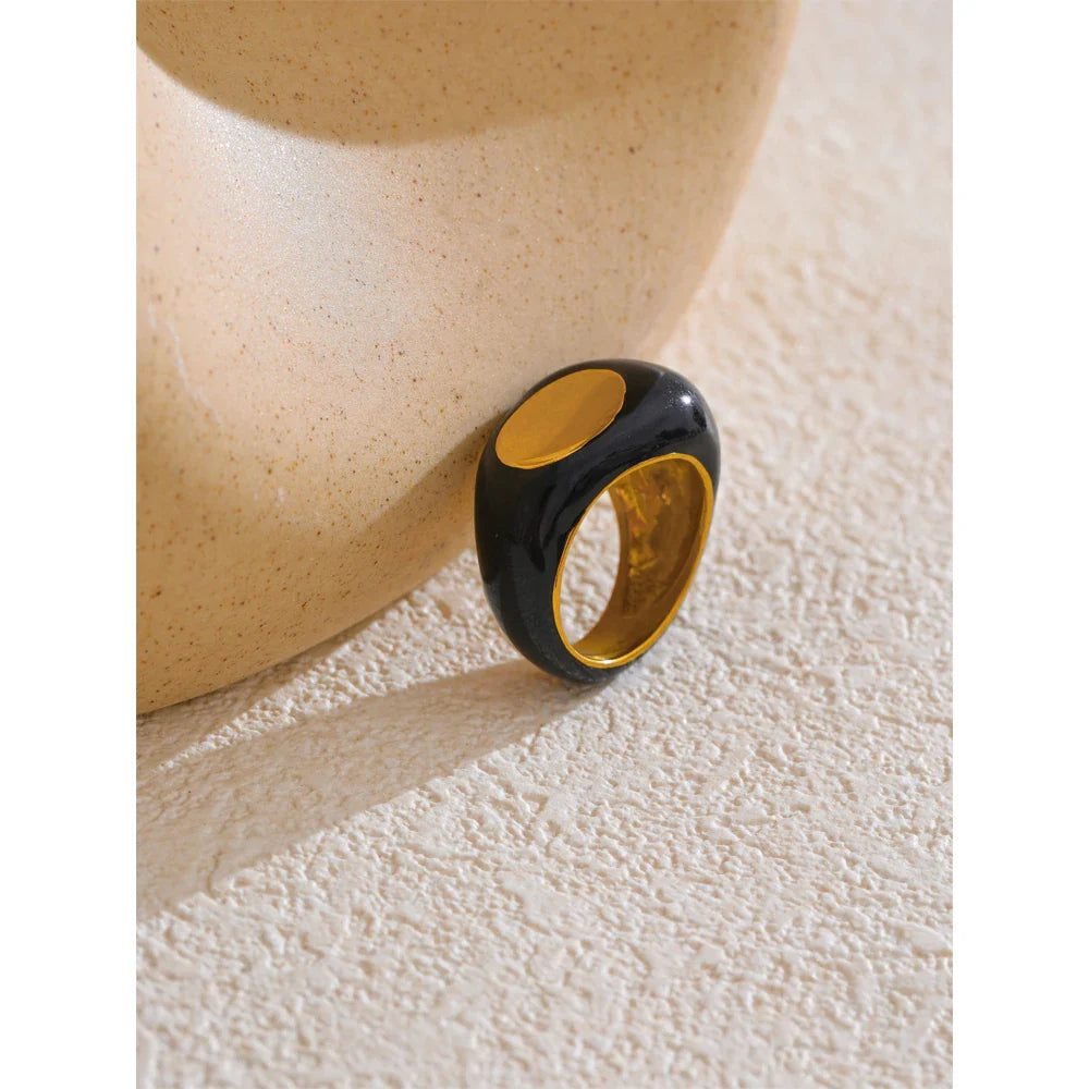 Minimalist Geometric Stainless Steel Ring - Black Enamel Waterproof Jewelry