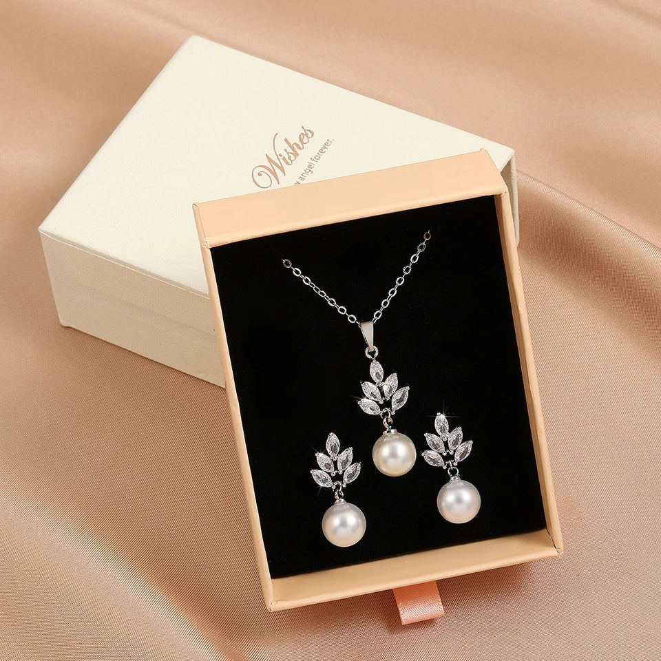 Luxury CZ Zirconia Simulated Pearl Drop Earrings Pendant Necklace Wedding Jewelry