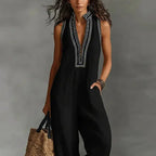 Sexy Deep V Neck Hollow Women's Jumpsuits Vintage Printed High Waist Slim Office Romper Spring Summer Sleeveless Pocket Overalls by Adornity