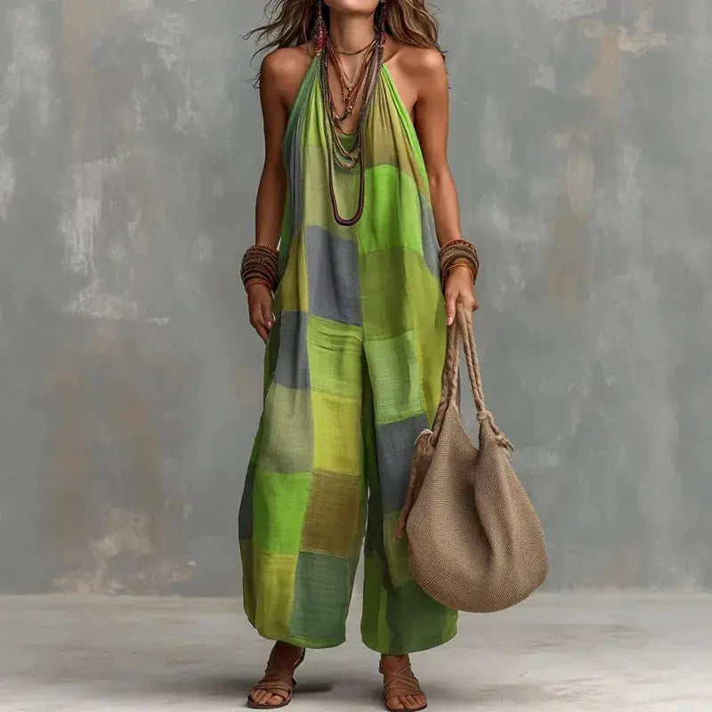Jumpsuit Tatting Lace Collection Exclusive Edition: full-length green patchwork halter jumpsuit with draped silhouette.