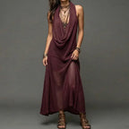 Solid Loose Elegant Maxi Dress Women's Summer Sleeveless Halter Patchwork Beach Style Holiday Fashion Simple Ladies Party Dress by Adornity