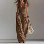 Sexy V Neck Button Wide Leg Jumpsuit Elegant Solid High Waist Woman Romper 2026 Spring Summer Sleeveless Vacation Beach Overalls by Adornity