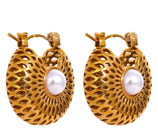 Stainless Steel Imitation Pearls Round Hollow Chunky Hoop Earrings