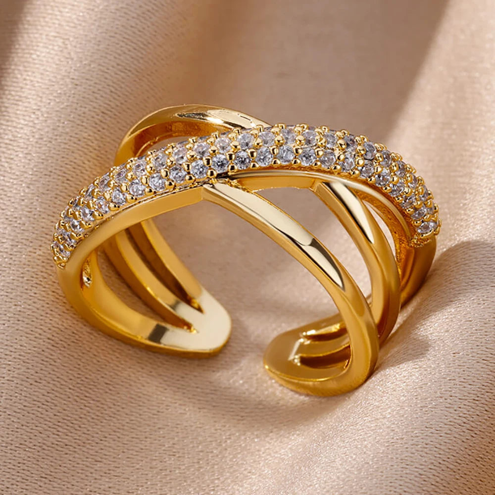 Gold Stainless Steel Hollow Out Ring with Crystal Zircon