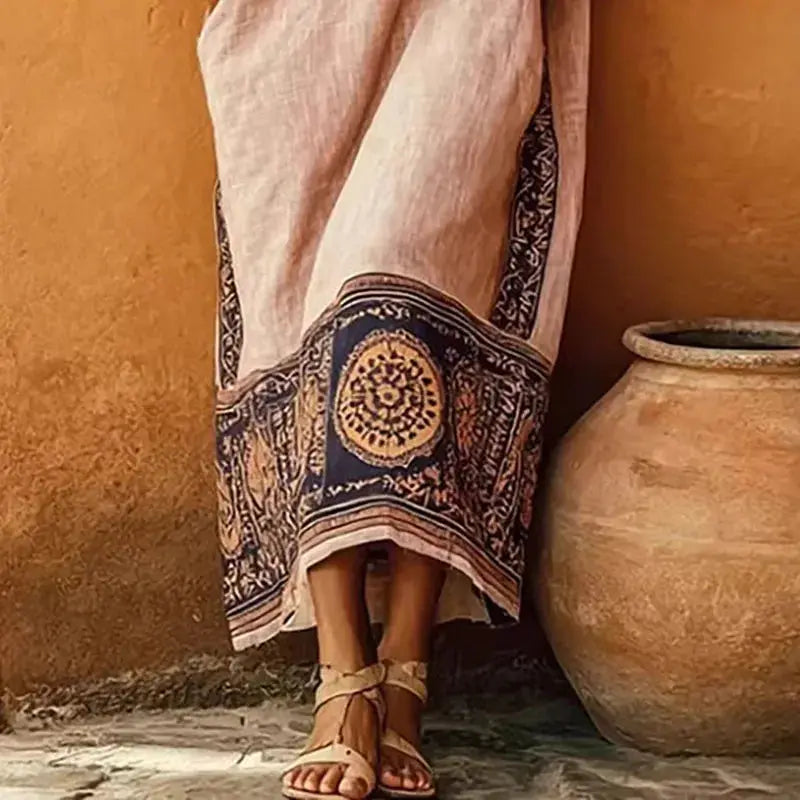 Ethnic Sexy Off Shoulder Hollow Out Long Dress Woman Spring Geometric Print Pocket Loose Maxi Dress Summer Casual Vacation Dress by Adornity
