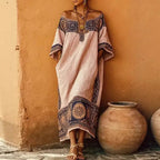 Ethnic Sexy Off Shoulder Hollow Out Long Dress Woman Spring Geometric Print Pocket Loose Maxi Dress Summer Casual Vacation Dress by Adornity