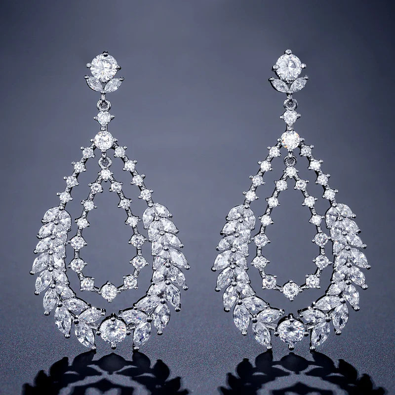 Bridal Leaf Cubic Zirconia Dangle Earrings for Elegant  Bridal Wedding Jewelry