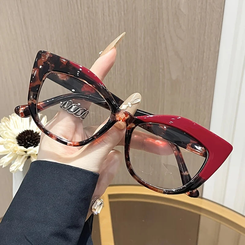 Cat Eye Glasses - Retro Style Color Block Glasses with Blue Light Blocking
