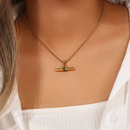 18K Gold Plated Waterproof Minimalist Green Clear Zircon T-Bar Pendant Necklace