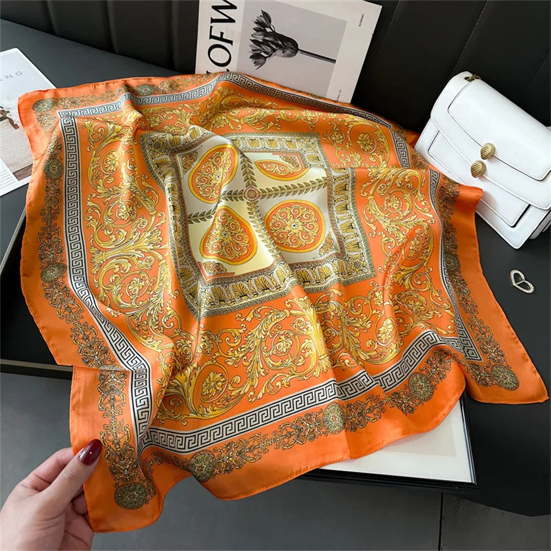 Women's Silk Scarf - 70x70cm Square Printed Pashmina Shawl With Plaid Pattern