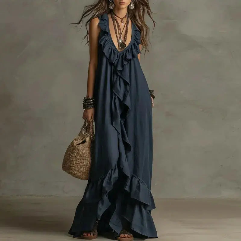 Women's Boho Ruffle Irregular Hem Maxi Dress Spring Deep V Neck Loose Party Long Dresses New Summer Sleeveless Solid Beach Dress by Adornity