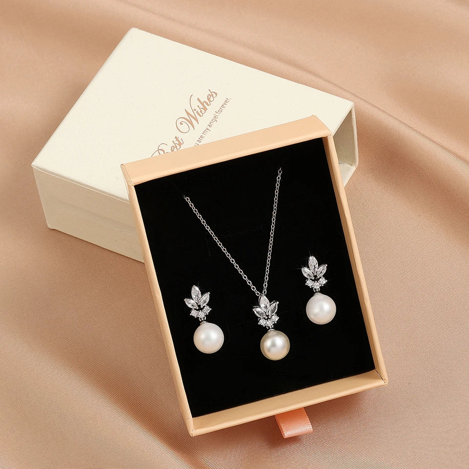 Zirconia Simulated Pearl Earrings Pendant Necklace Set Wedding Jewelry