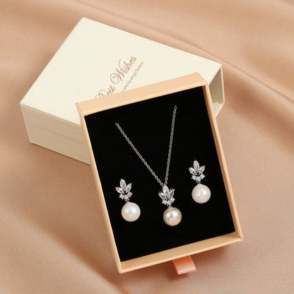 Zirconia Simulated Pearl Earrings Pendant Necklace Set Wedding Jewelry