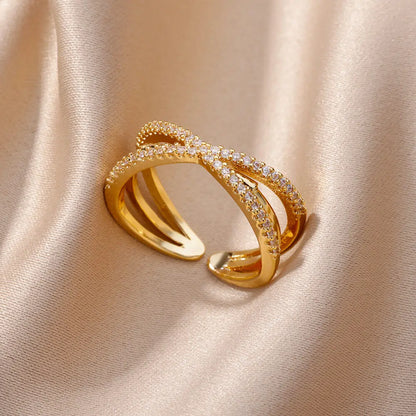 Gold Stainless Steel Hollow Out Ring with Crystal Zircon