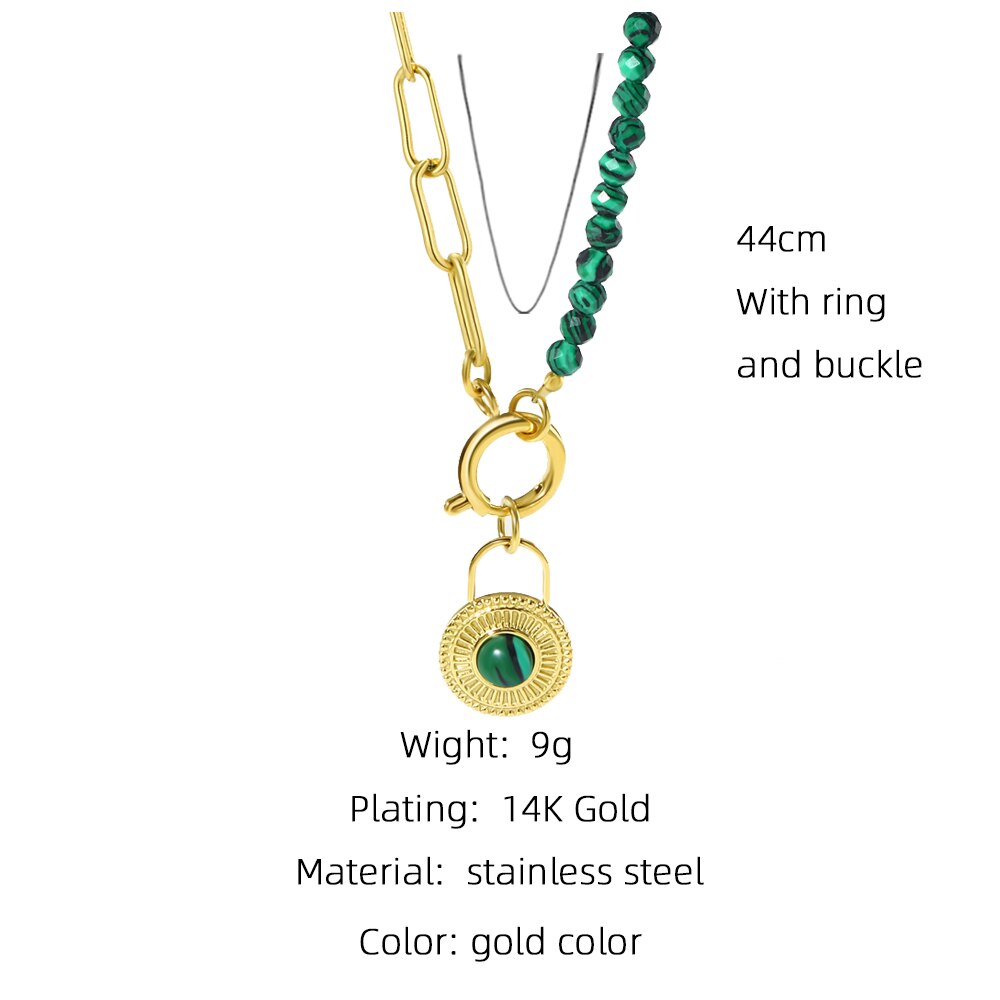 Green Stone Beads Stainless Steel Necklace with Round Shape Chain