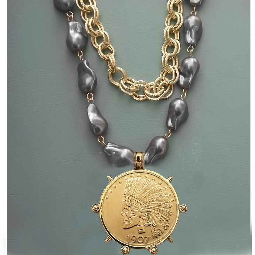 Coin Pendant Necklace - Large British Penny Collectibles Charm With Figaro Chain