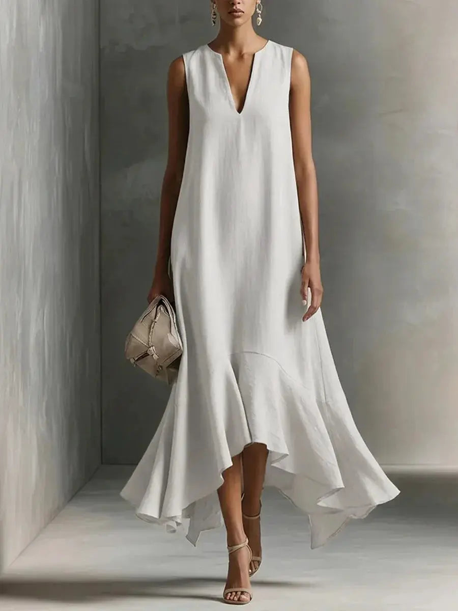 Solid Color Loose Long Dress For Women Summer Sexy V-neck Sleeveless Fashion Irregular Hem Dresses Lady Foreign Style Streetwear by Adornity