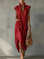 Fashion Ruffle Stand Collar Women's Sleeveless Dress Summer New Casual Loose Pocket Female Side Slit Vacation Deep V-Neck Dress by Adornity