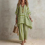 Boho Vintage Striped Print 2 Piece Sets Woman Spring V Neck Half Sleeve Top Wide Leg Pants Outfit New Summer Beach Vacation Suit by Adornity