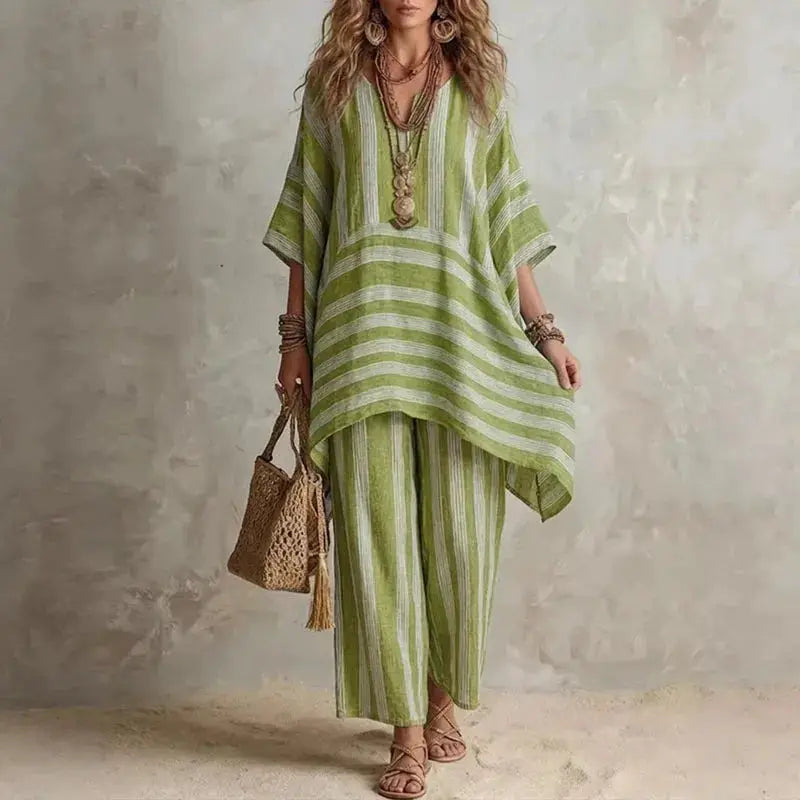 Boho Vintage Striped Print 2 Piece Sets Woman Spring V Neck Half Sleeve Top Wide Leg Pants Outfit New Summer Beach Vacation Suit by Adornity
