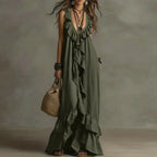 Women's Boho Ruffle Irregular Hem Maxi Dress Spring Deep V Neck Loose Party Long Dresses New Summer Sleeveless Solid Beach Dress by Adornity