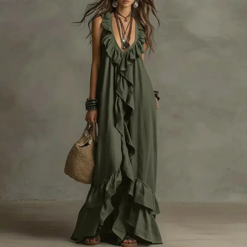 Women's Boho Ruffle Irregular Hem Maxi Dress Spring Deep V Neck Loose Party Long Dresses New Summer Sleeveless Solid Beach Dress by Adornity