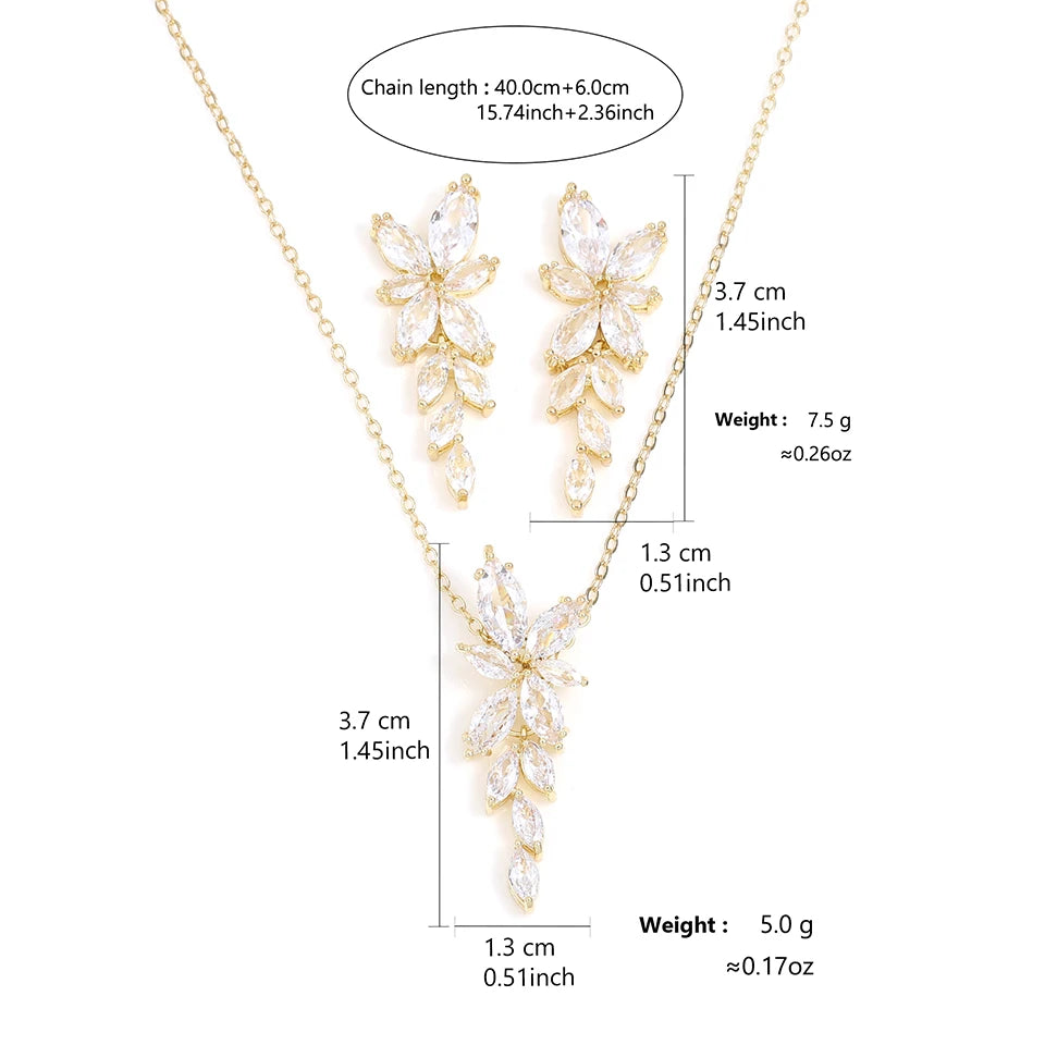 Classic AAA Zircon Leaf Tassel Earring Necklace Sets With Box