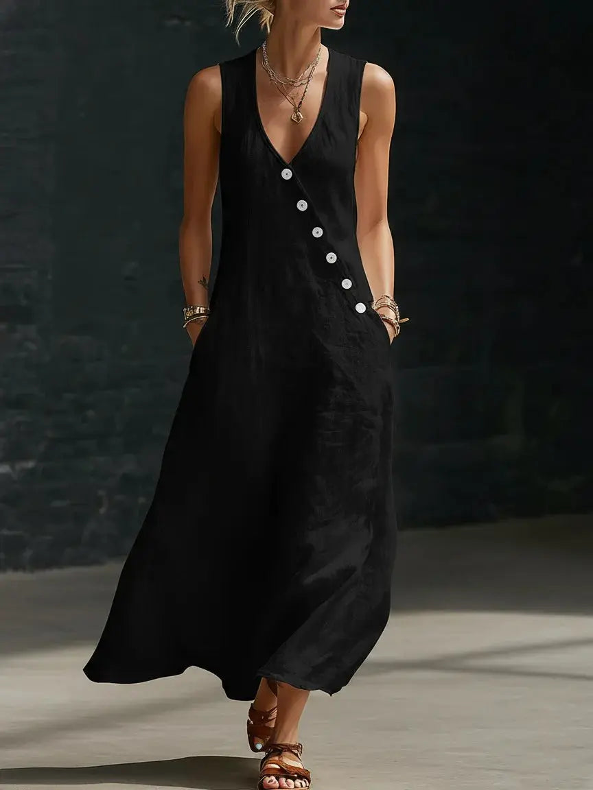 Casual Sleeveless Loose Maxi Dress Women Summer 2026 Fashion Solid Color V-neck Holliday Long Dresses Elegant by Adornity