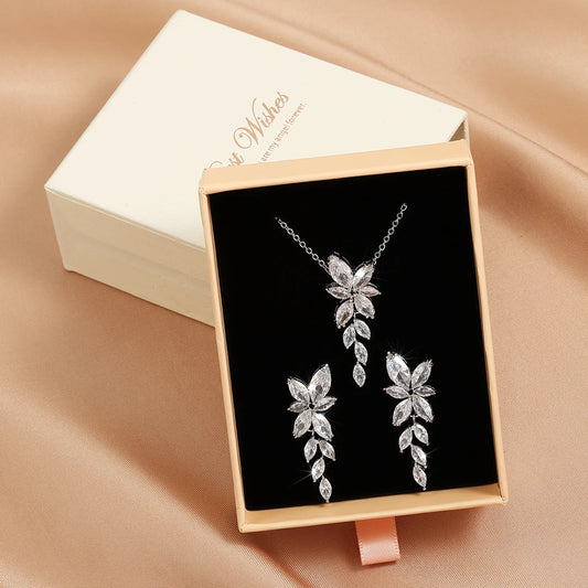 Classic AAA Zircon Leaf Tassel Earring Necklace Sets With Box