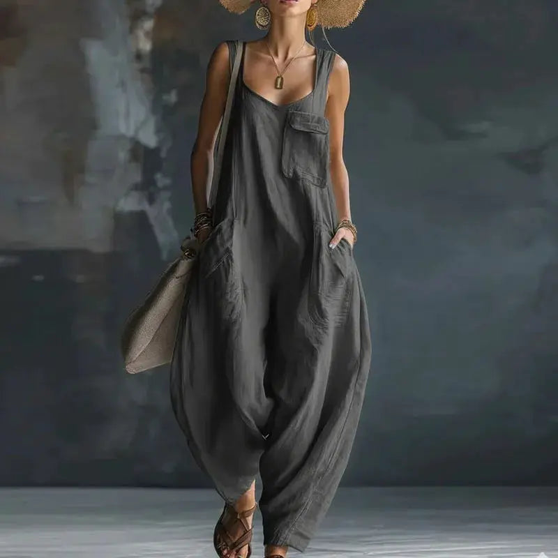 Elegant Square Collar Hollow Women's Jumpsuits 2026 Spring Solid Sleeveless Office Rompers Summer Baggy Trousers Pocket Overalls by Adornity
