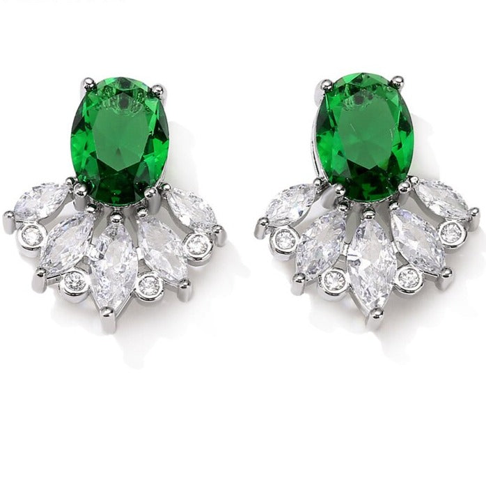 Green Oval Cubic Zircon Stud Earrings with White and Green Flower Design