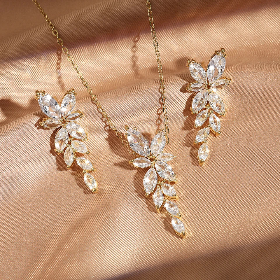 Classic AAA Zircon Leaf Tassel Earring Necklace Sets With Box