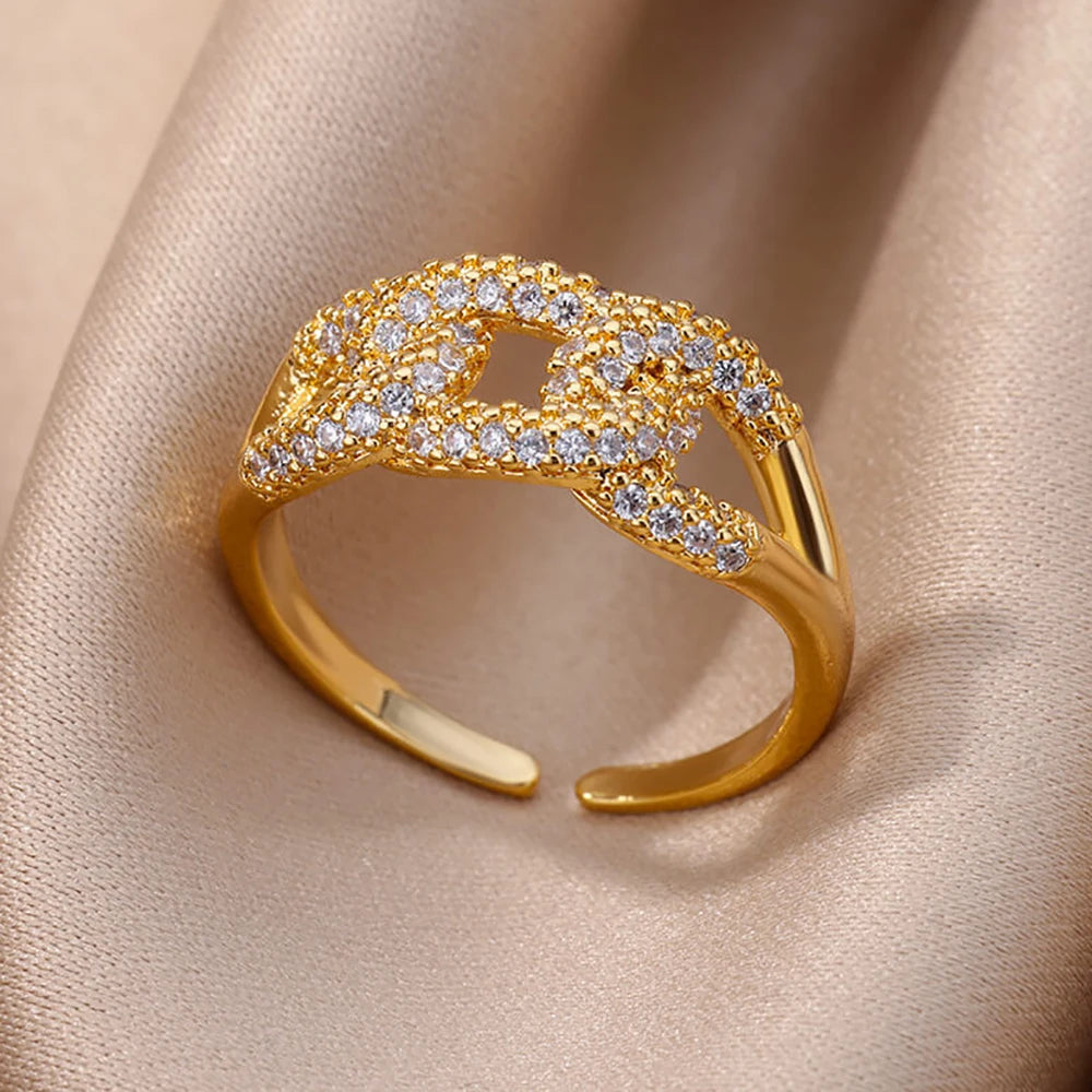 Gold Stainless Steel Hollow Out Ring with Crystal Zircon