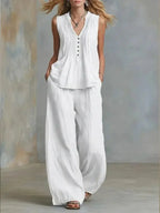 lady Button Splicing Design Top+wide Leg Pants Two-piece Set Women's Summer Fashion Sleeveless V-neck Top Pants Office Outfit by Adornity