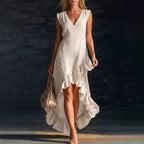 2026 Spring Sexy V Neck Solid Long Dresses Woman Elegant Ruffle Hem Irregular Party Dresses Summer Sleeveless Casual Beach Dress by Adornity