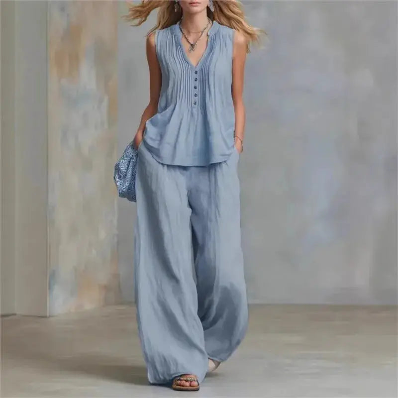 lady Button Splicing Design Top+wide Leg Pants Two-piece Set Women's Summer Fashion Sleeveless V-neck Top Pants Office Outfit by Adornity