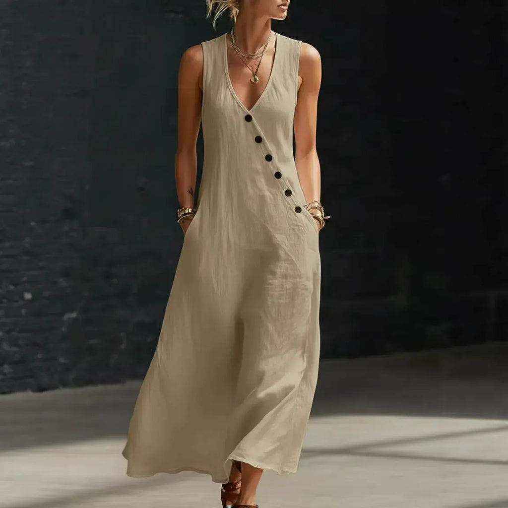 Casual Sleeveless Loose Maxi Dress Women Summer 2026 Fashion Solid Color V-neck Holliday Long Dresses Elegant by Adornity