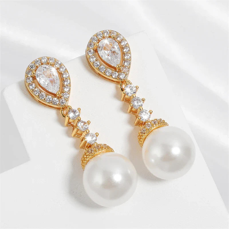 Bridal Elegant Round Imitation Pearl Earrings  Korean Fashion Water Drop CZ Bridal Earring Wedding Jewelry