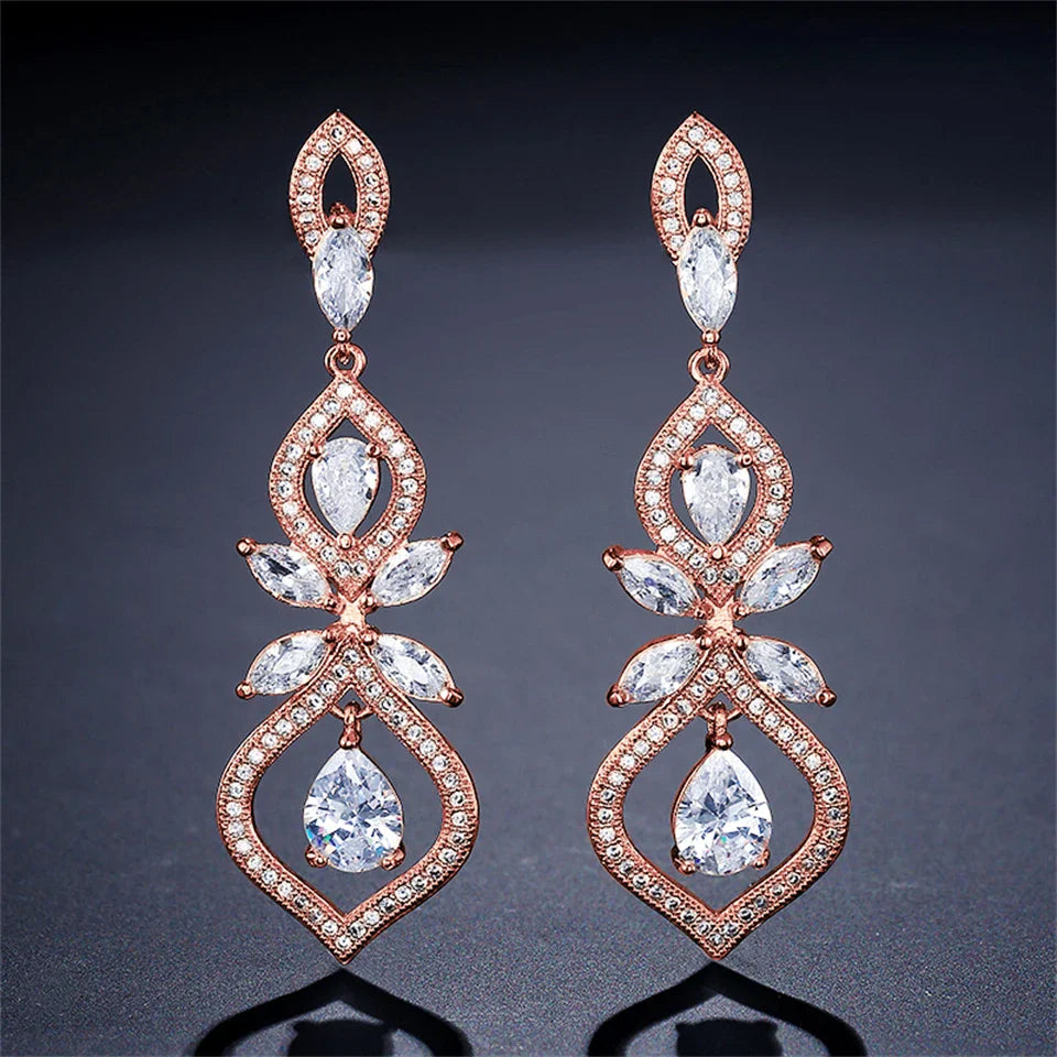 Bridal Heart Zircon Pendant Earrings  Long Hollow Crystal Inlay Drop Earring Bridal Wedding Jewelry