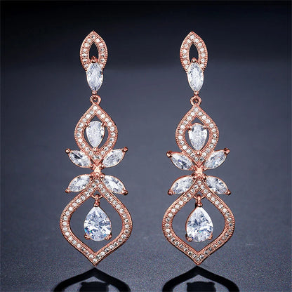 Bridal Heart Zircon Pendant Earrings  Long Hollow Crystal Inlay Drop Earring Bridal Wedding Jewelry