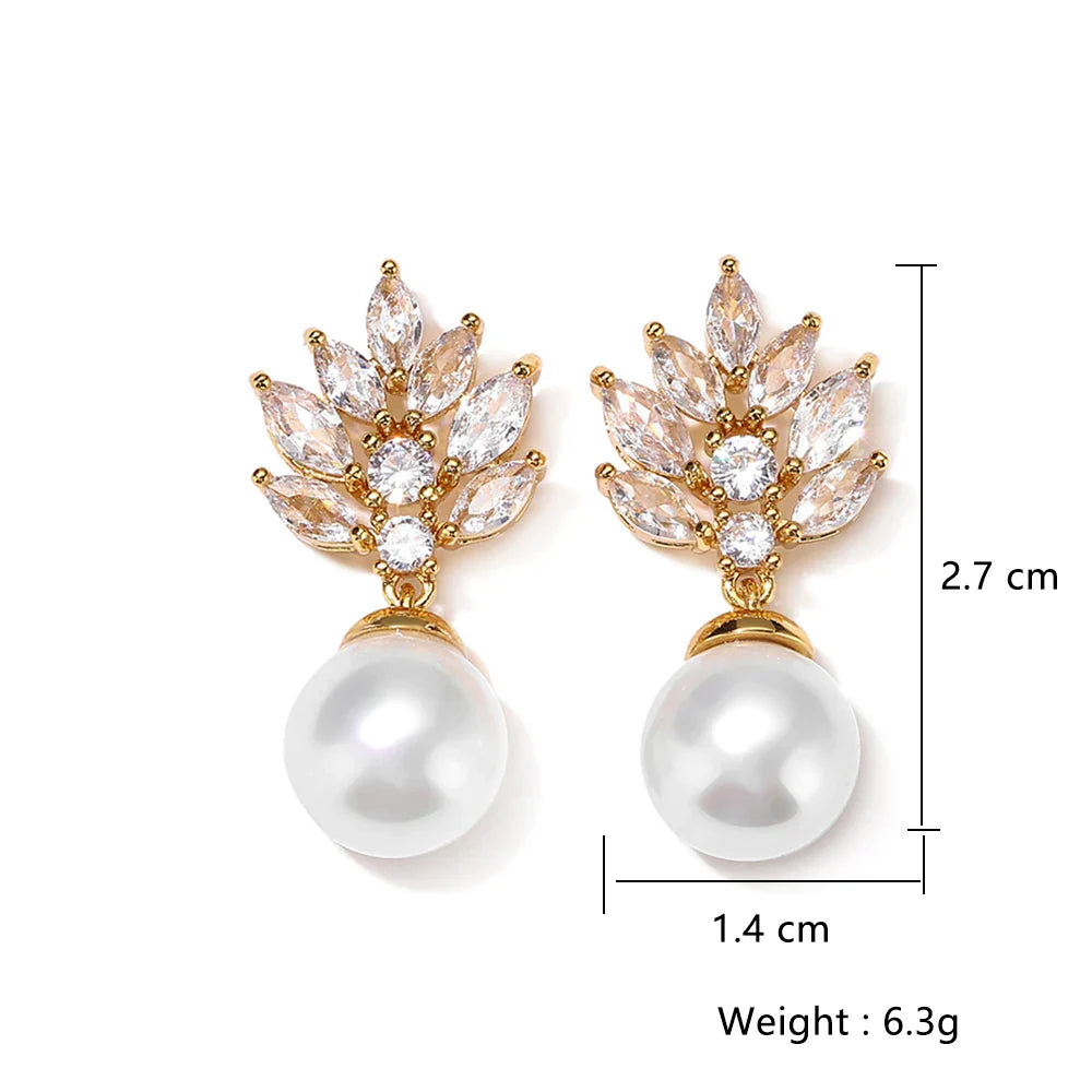 Bridal Fashion Pearl Stud Earrings  Cubic Zirconia Leaf Flower Earrings